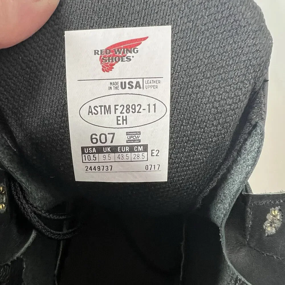 Red Wing 607 Work Boots 10.5 EE Black Leather EH Soft Toe USA MSRP $269 New